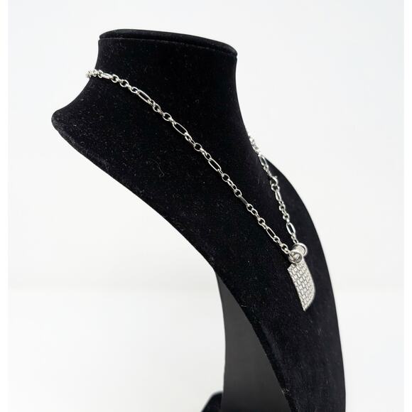 Silver Tone Necklace Link Chain Square Textured Geometric Pendant - Picture 3 of 5